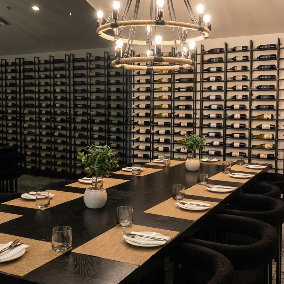 Elegant restaurant dining room with set tables, black furnishings, exposed brick, chandeliers, and extensive wall-mounted wine racks.