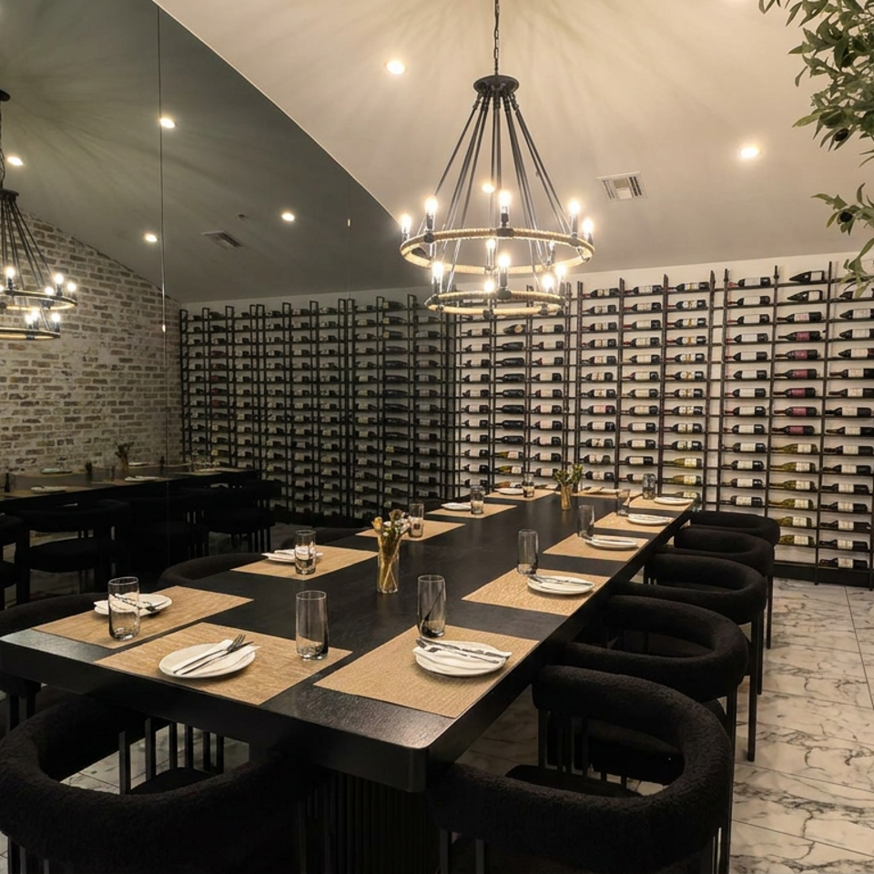 Elegant restaurant dining room with brick walls, wine bottle display, black tables, upholstered chairs, chandeliers, and indoor trees.