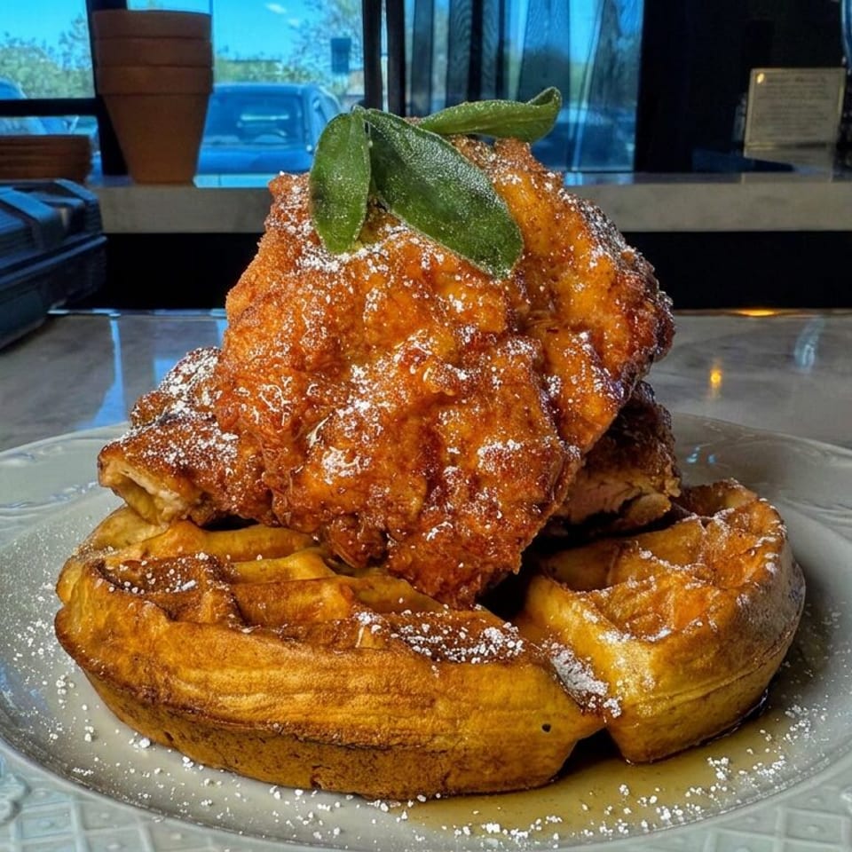 Powdered-sugar-dusted fried chicken and waffles garnished with fresh green leaves on an ornate plate at a restaurant counter.