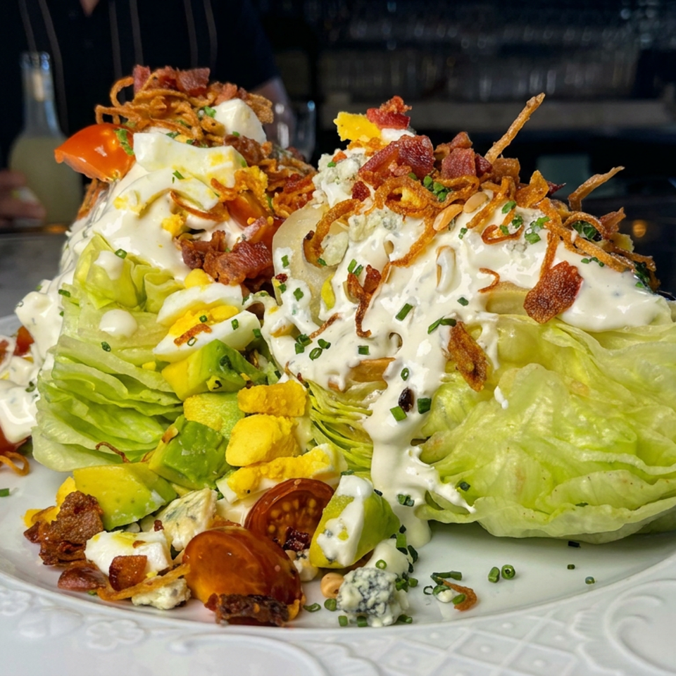 Wedge salads with iceberg lettuce, creamy dressing, tomatoes, avocado, bacon, blue cheese, and crispy onions on a restaurant table.