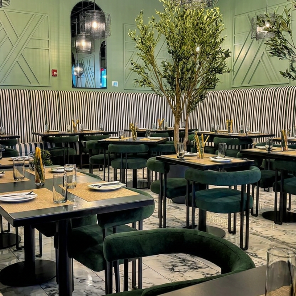 Elegant restaurant dining room with striped banquettes, green velvet chairs, set tables, pendant lights, and potted trees.