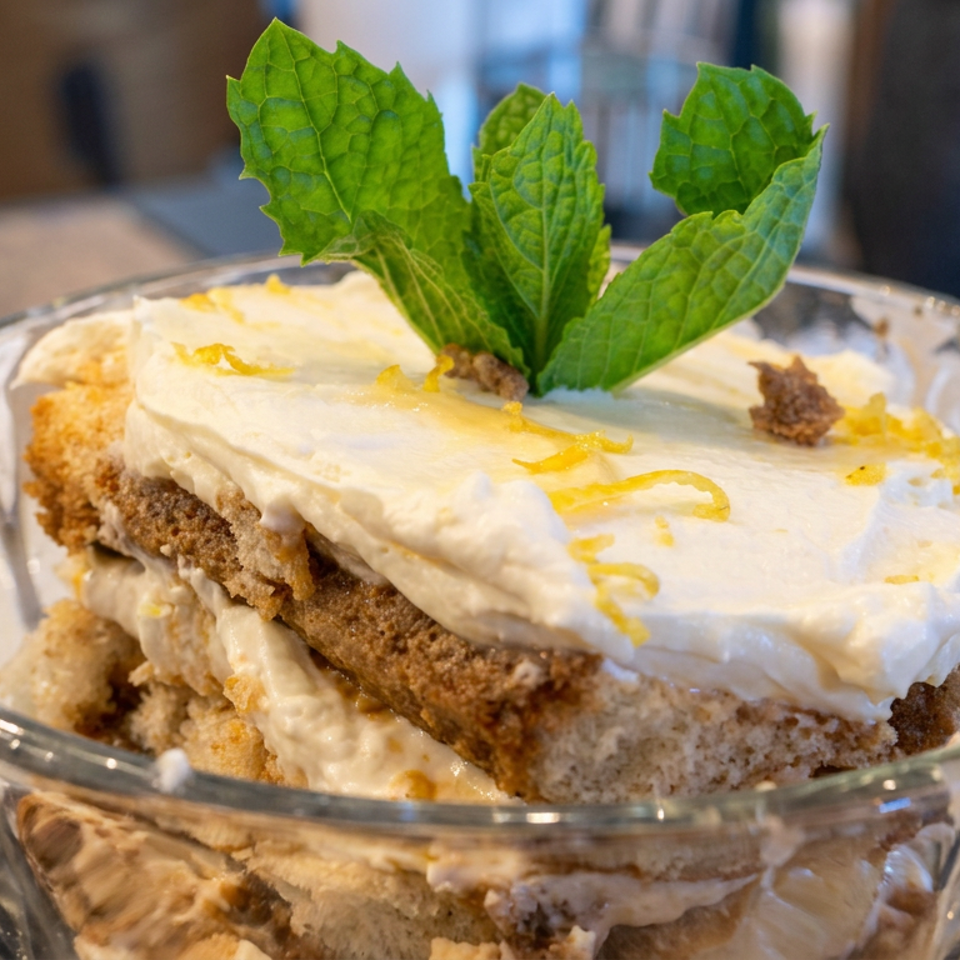 Layered lemon dessert with creamy frosting, biscuit layers, lemon zest, and fresh mint served in a glass bowl.