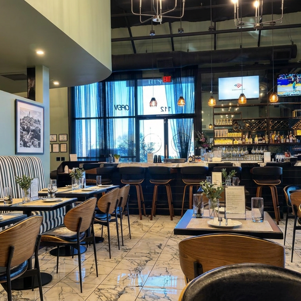 Elegant restaurant dining room with striped banquette seating, set tables, framed artwork, a bar, and television screens.