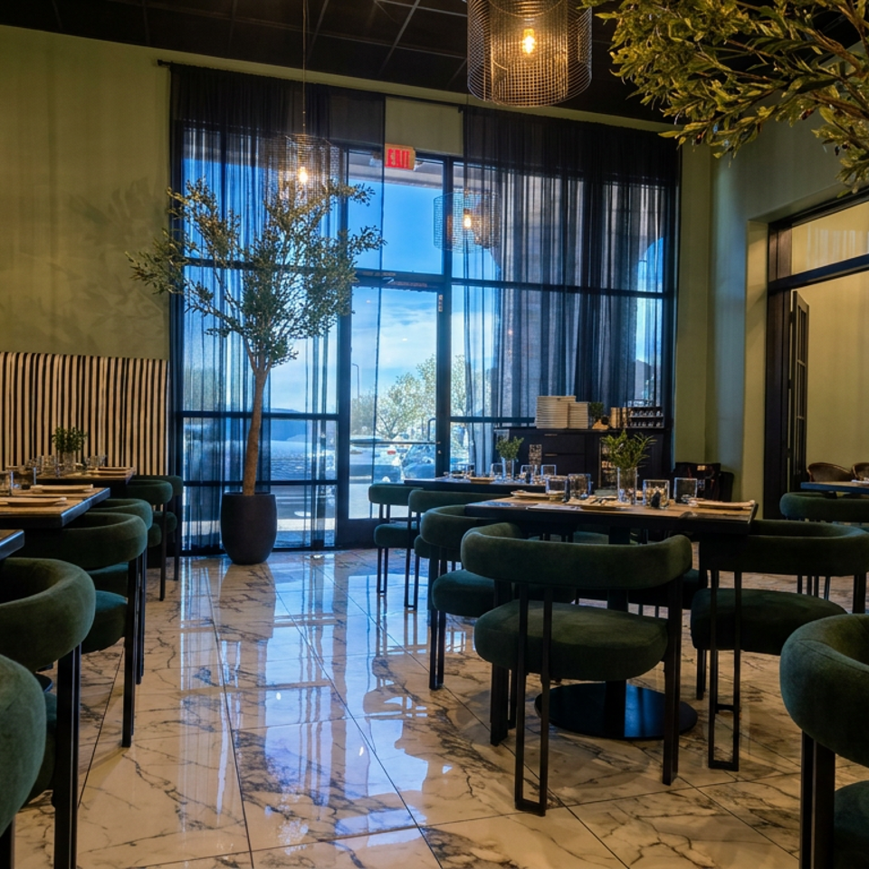 Modern restaurant dining room with green chairs, striped banquettes, marble floors, hanging cage lights, and indoor trees.