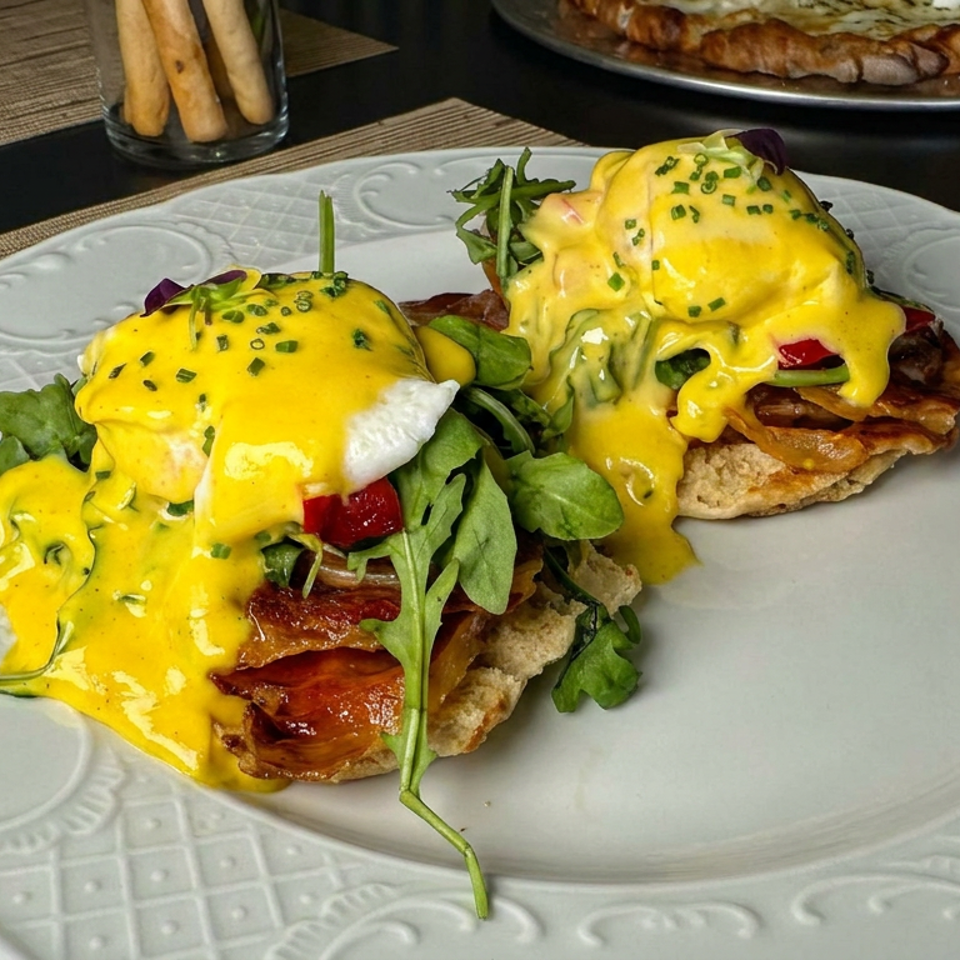 Two eggs Benedict with bacon, greens, and tomatoes topped with hollandaise sauce on an ornate plate.